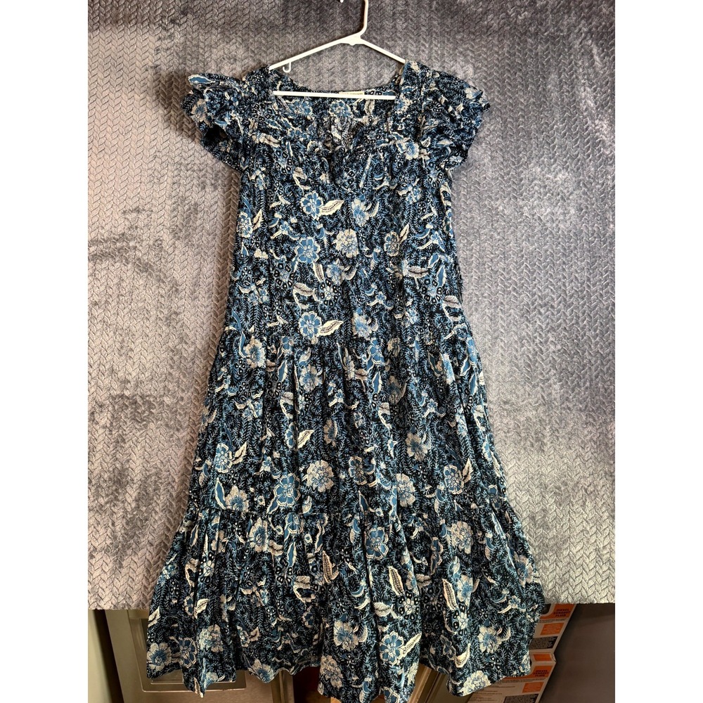Ulla Johnson Zuma Dress Womens S Blue Cotton Floral Split Neck Cap Sleeve Ruffle